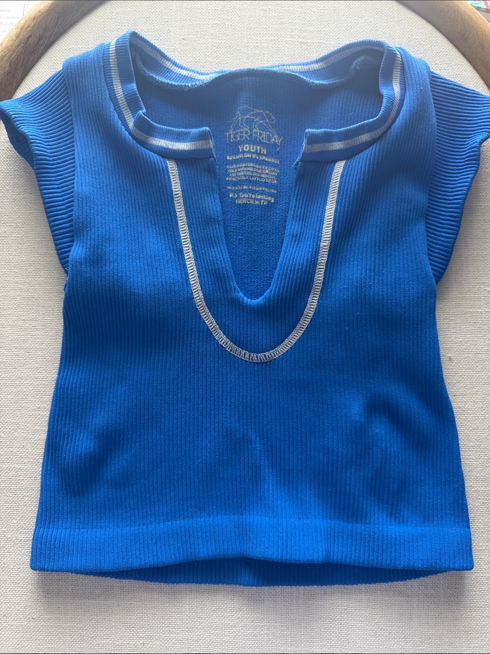 Kerri Friday Youth Blue Ribbed Tank Top with Contrast Trim